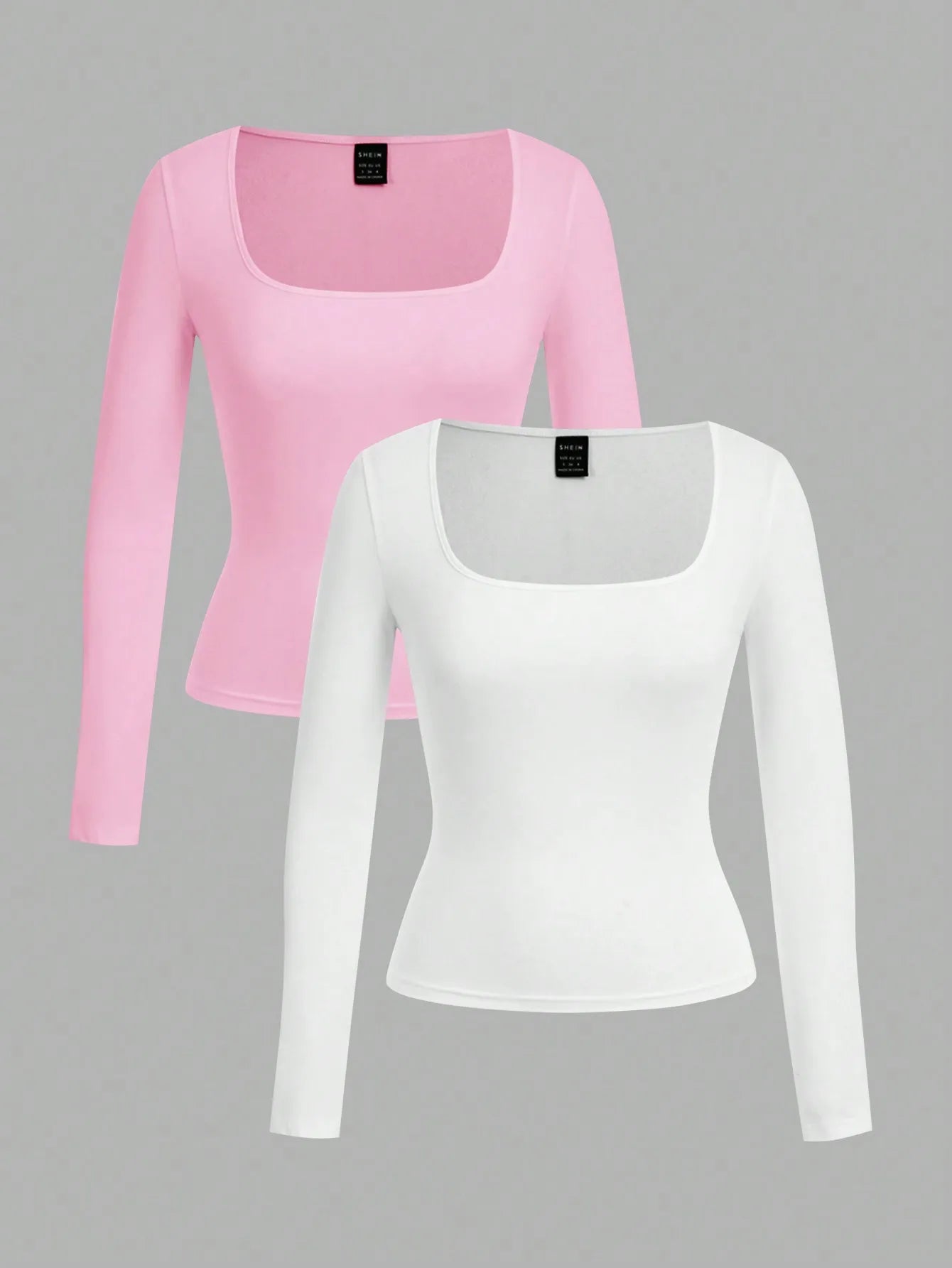 2-Pack Women's Square Neck Long Sleeve Fitted T-Shirts - Black & White, Casual Basic Tops for Autumn Winter