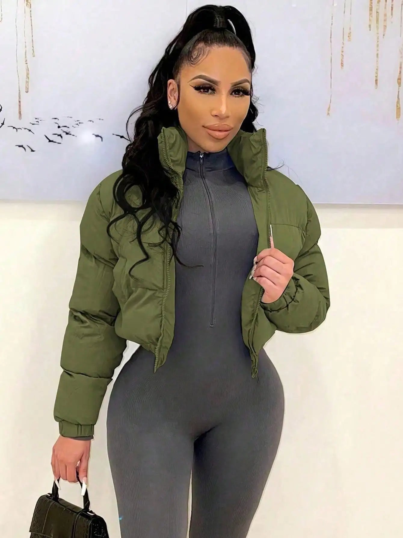 Women's Short Stand Collar Bomber Jacket with Zipper Front, Warm Puffer Style for Winter