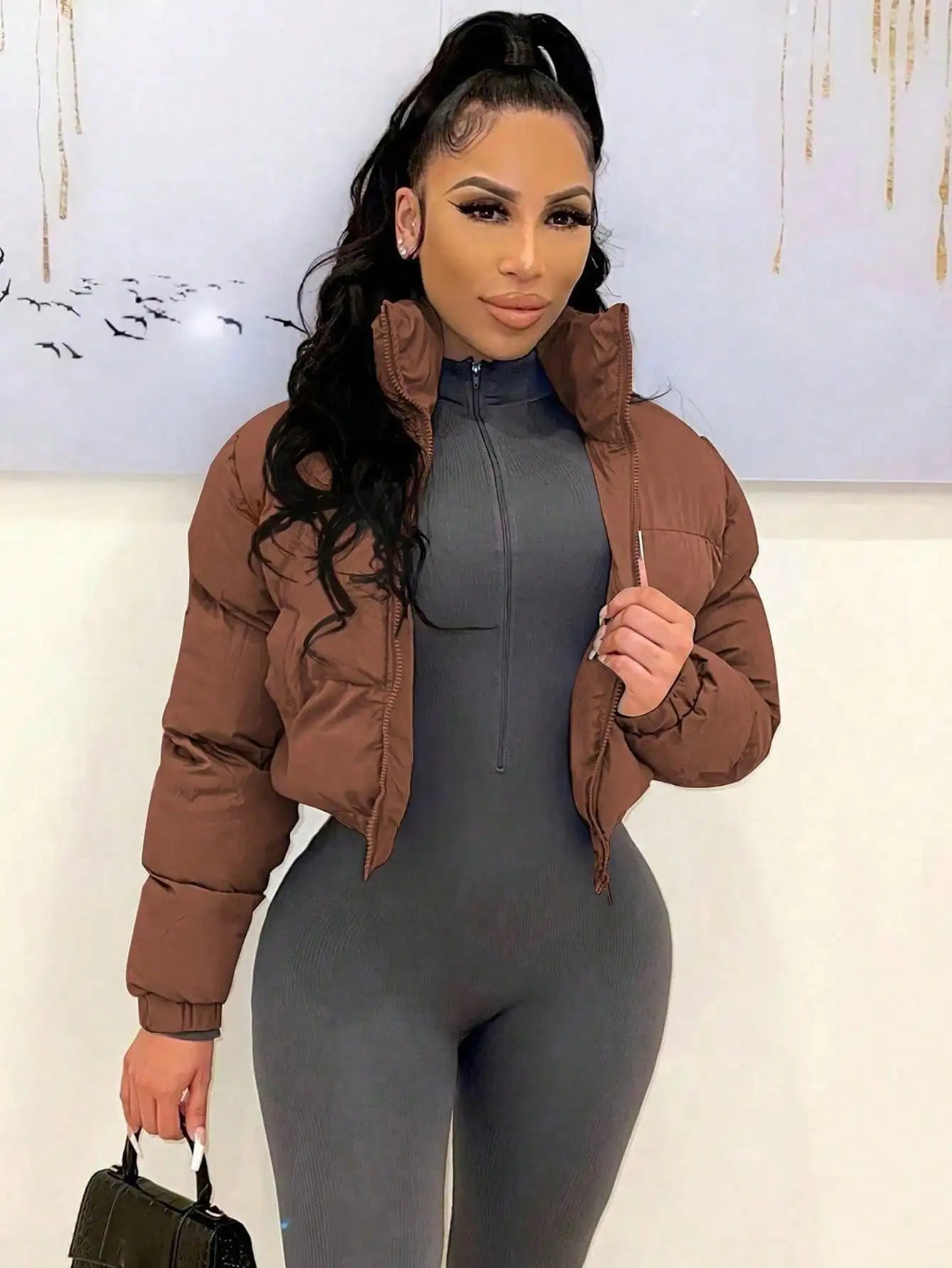 Women's Short Stand Collar Bomber Jacket with Zipper Front, Warm Puffer Style for Winter