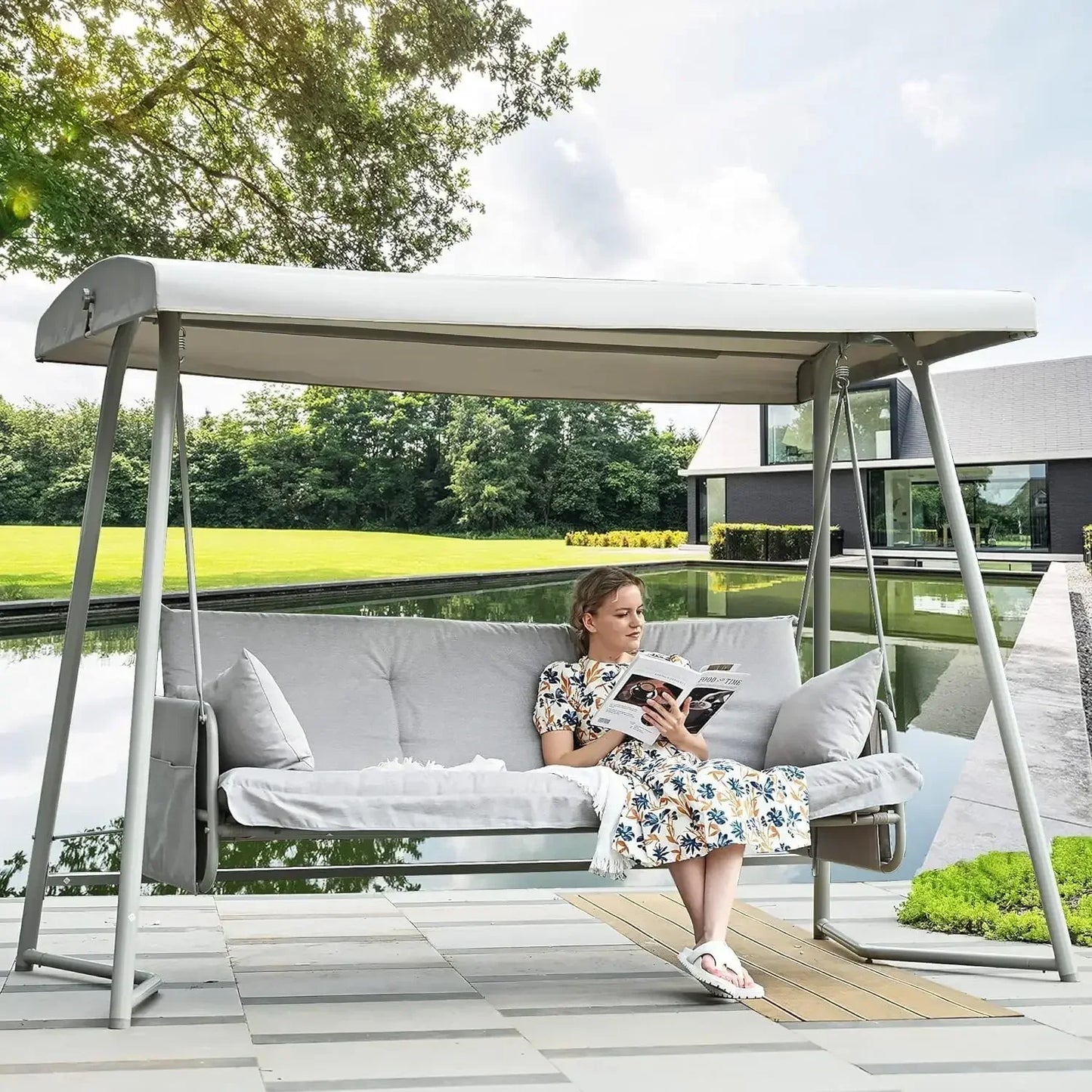 3 to 4 Seat Porch Swing, 2-in-1 Outdoor Swing Bed with Adjustable Backrest Canopy 800 lbs Capacity Patio Swing Chair with Stand