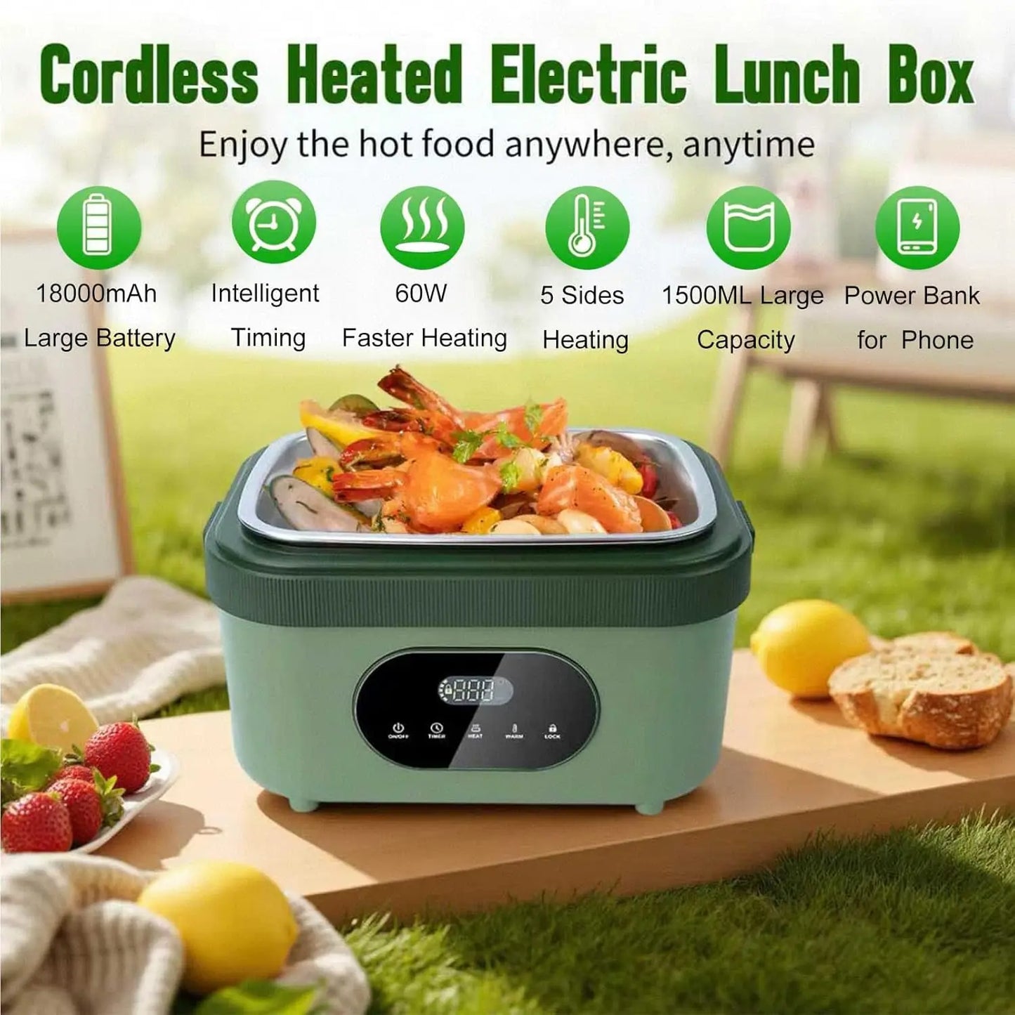 Cordless Electric Lunch Box with 18000mAh Battery, Self-Heating for Office Travel Outdoors, 1.5L Stainless Steel Container