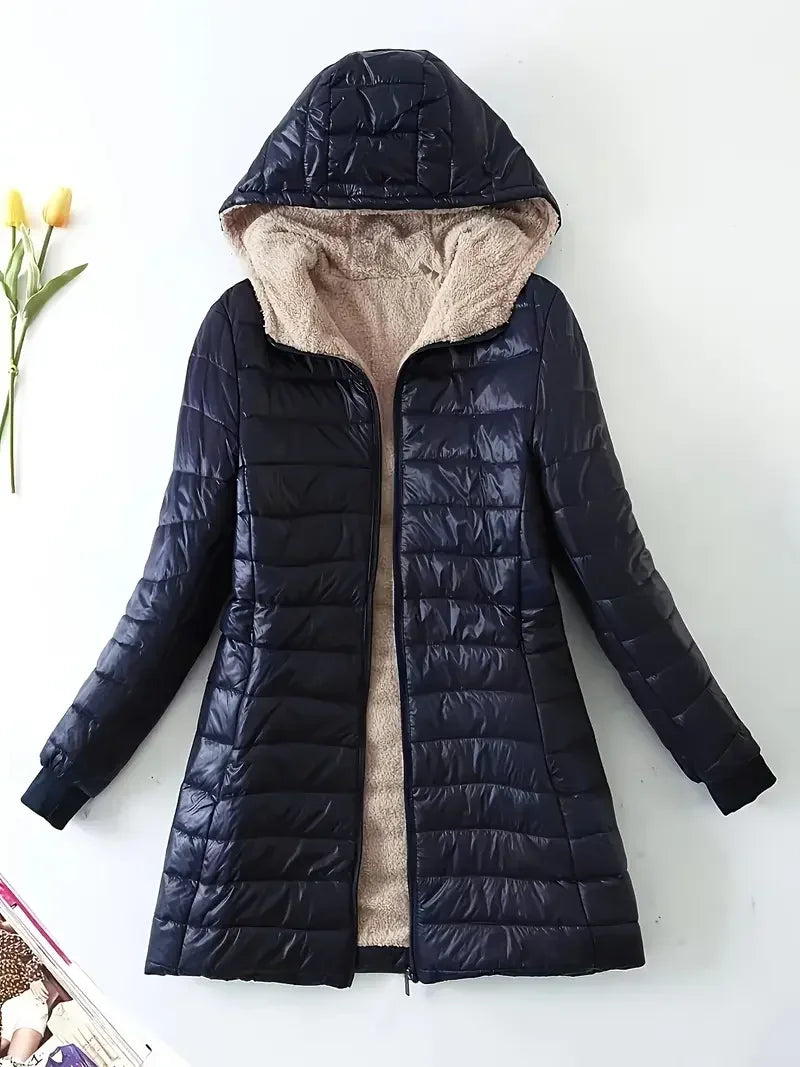 Autumn Winter Mid-Length Women's Down Jacket - Fashion Warm Knitted Hat Design White Duck Down Coat Cold Weather Slim Fit Parka