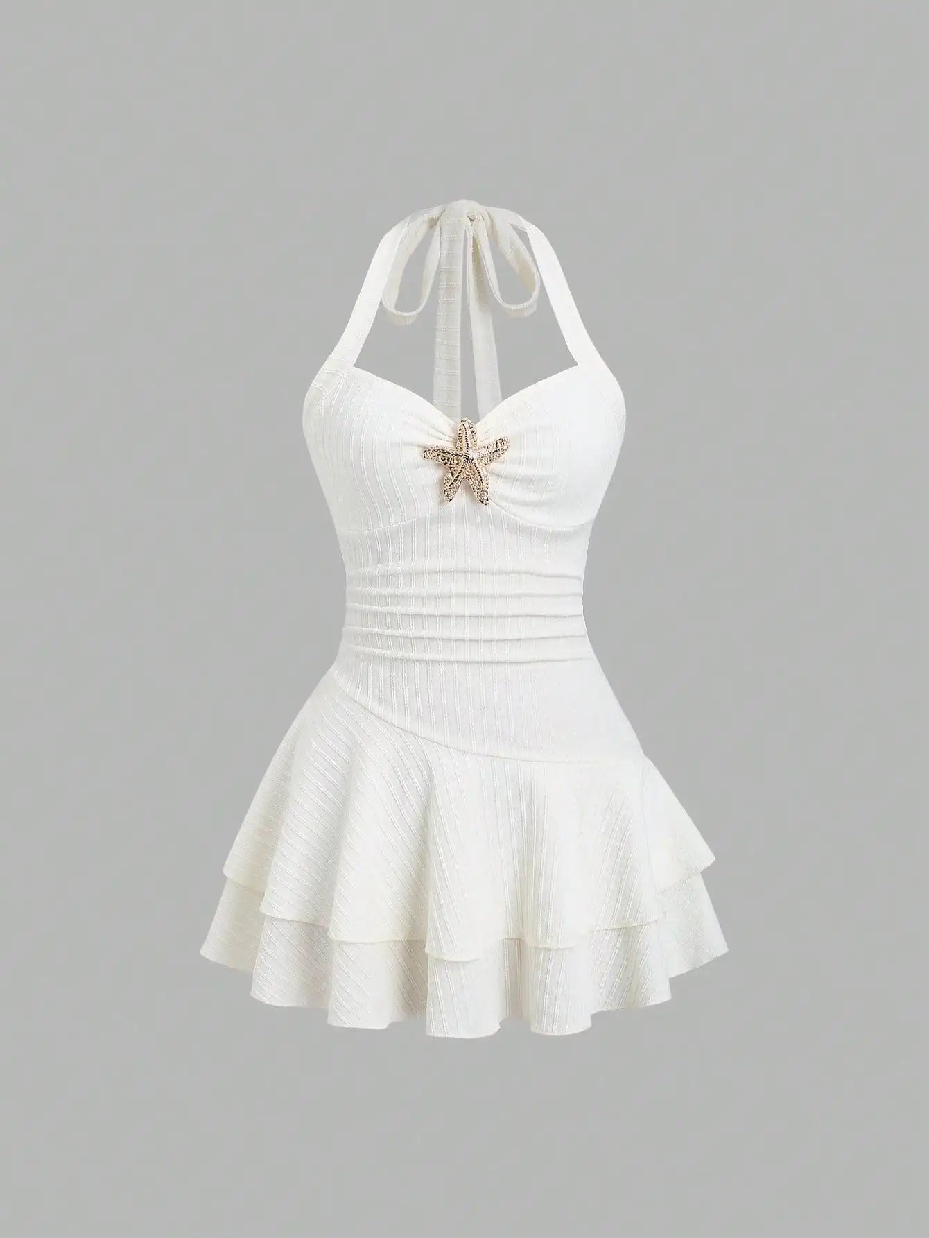 Women's Halter Neck Beach Mini Dress with Starfish Decor, Ruched Bust & Layered Ruffle Hem, Spring Summer