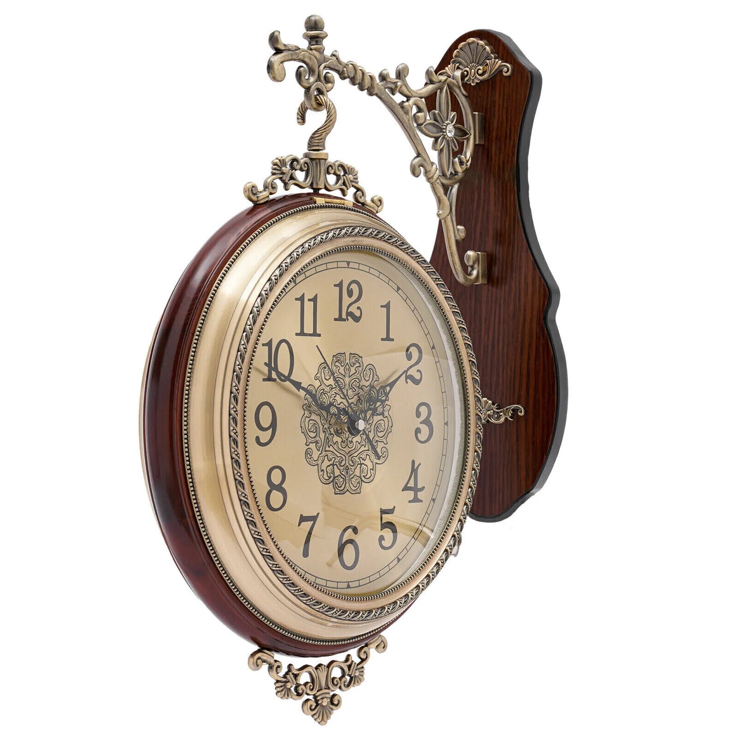 Wooden Double-Sided Wall Clock, Battery Operated, Silent Movement