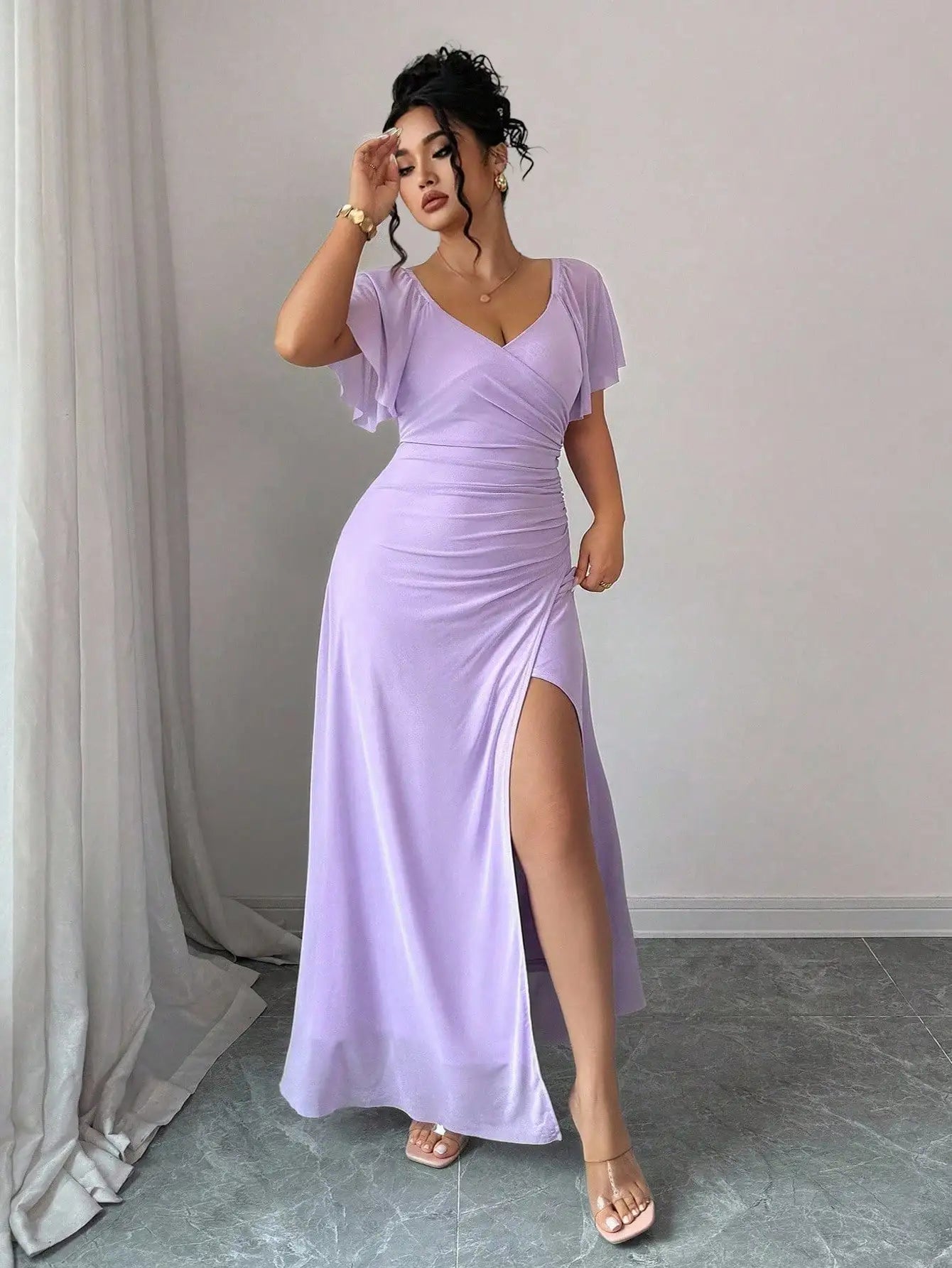 Lavender V-Neck Ruffle Sleeve Pleated Maxi Dress for Bridesmaid Wedding Party Formal Occasion