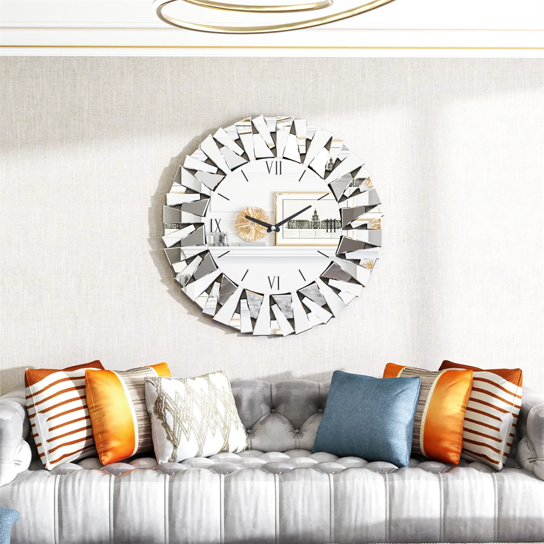 Mirror Sunburst Wall Clock 3D Round Roman Numeral Modern Decor