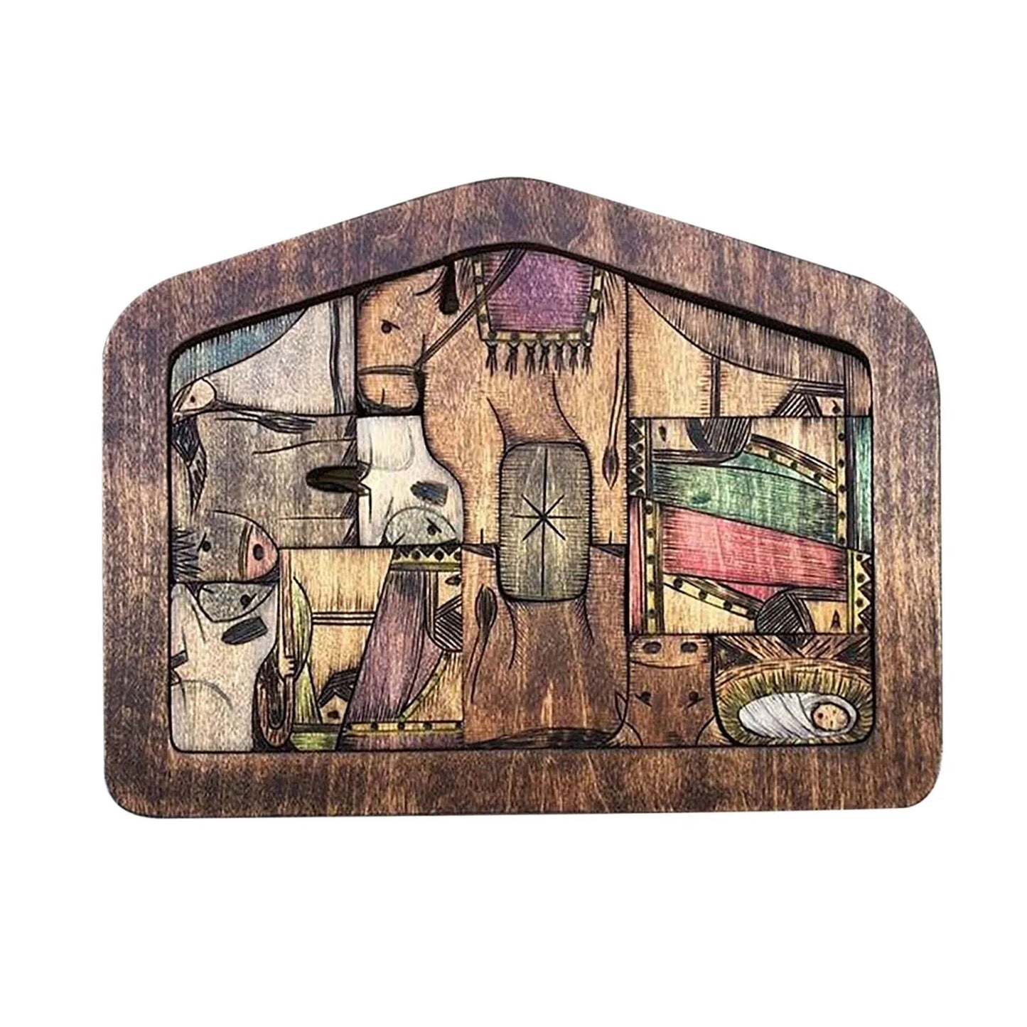 Wooden Nativity Puzzle Set With Burned Design Table Decor