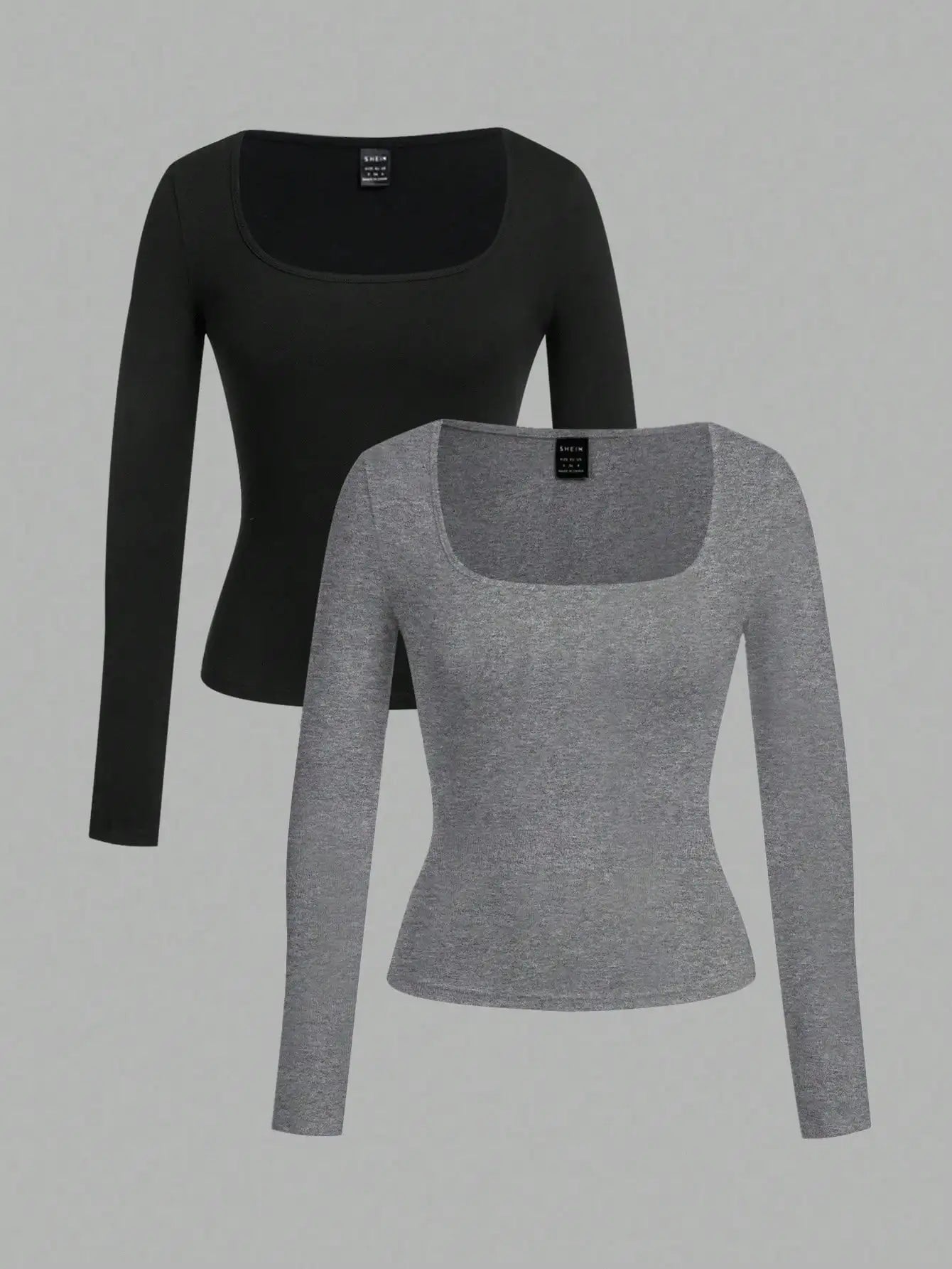 2-Pack Women's Square Neck Long Sleeve Fitted T-Shirts - Black & White, Casual Basic Tops for Autumn Winter