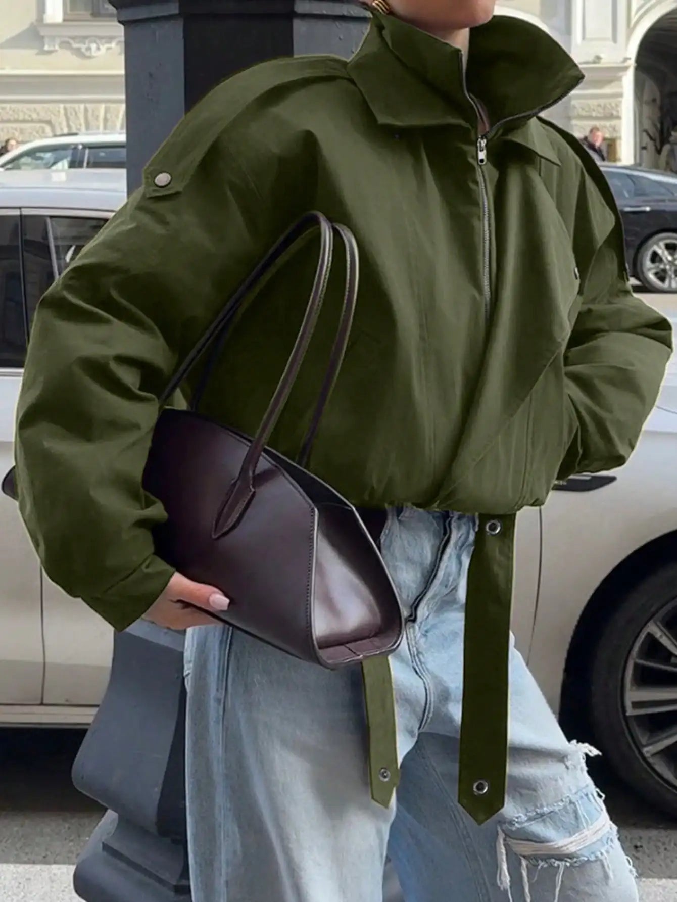 Burgundy Stand Collar Zip-Up Jacket with Waist Tie, Oversized Fit for Fall Winter Streetwear