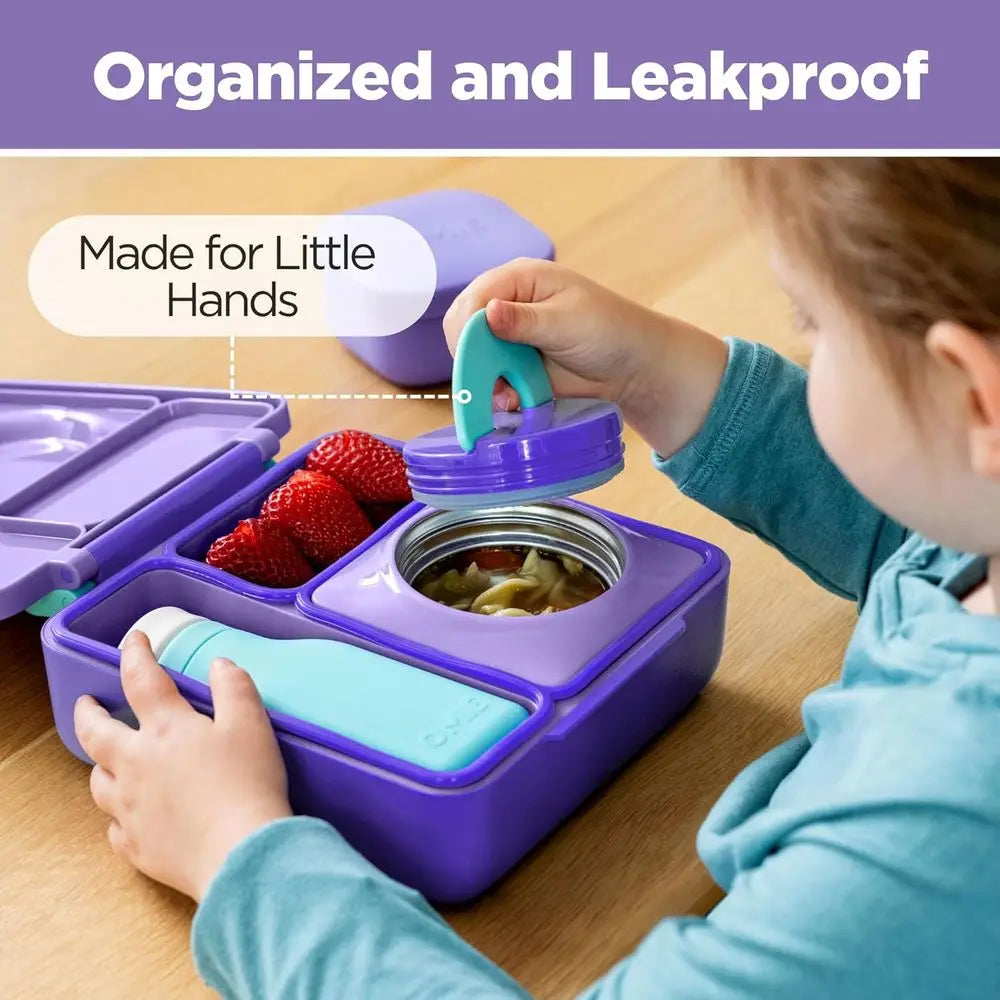 Insulated Bento Lunch Box with Leak Proof Vacuum Insulated Food Jar - 3 Compartments, Two Temperature Zones