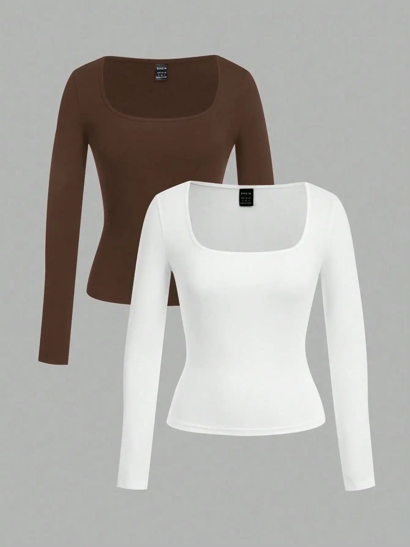2-Pack Women's Square Neck Long Sleeve Fitted T-Shirts - Black & White, Casual Basic Tops for Autumn Winter