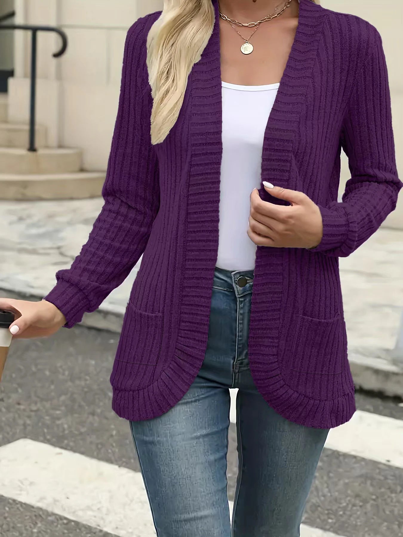 Women Brushed Knit Cardigan Jacket With Pockets Casual Style