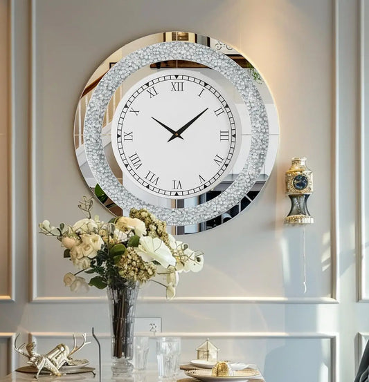 Bling Silver Round Mirror Clock Glam Sparkle Wall Clock