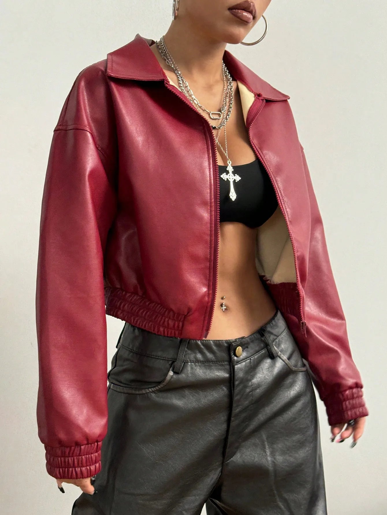Women's Vintage Red PU Leather Cropped Jacket with Ribbed Cuffs, Street Style Bomber