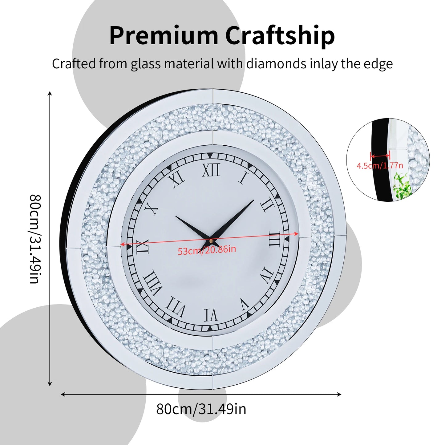 Bling Silver Round Mirror Clock Glam Sparkle Wall Clock