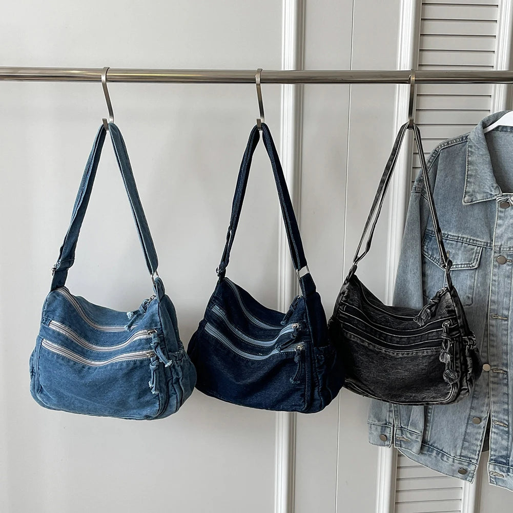 NONECN Denim Hobo Shoulder Bag Women Crossbody Messenger