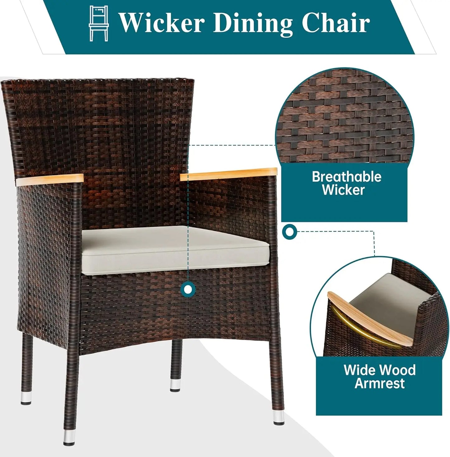 5-Piece Patio Dining Set with Wicker Chairs, Soft Cushions, and Wood Table Top for Backyard, Deck, Garden in Brown Rattan
