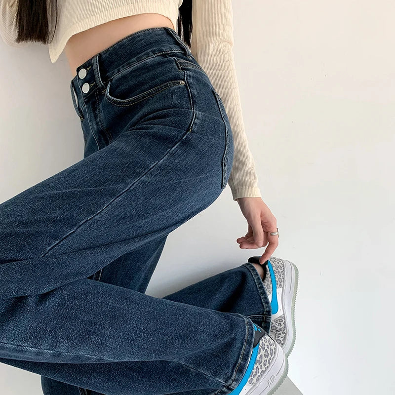 Loose Straight Women's Jeans Fashion Stretch Soft Drape Multi-button High Waist Denim Trousers Street Fashion Female Clothing