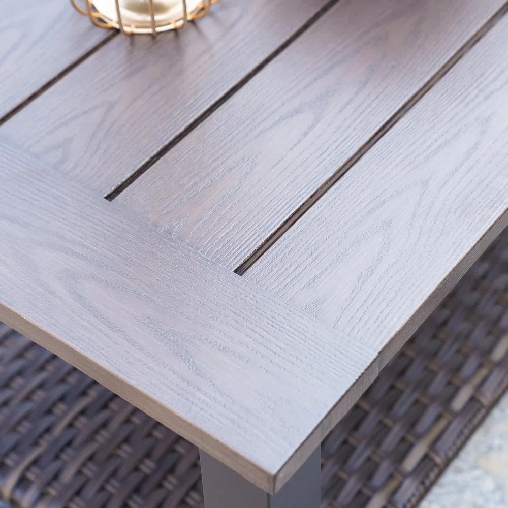 Outdoor Coffee Table with Wicker Shelf Storage, 40-inch Rectangle Modern Patio Coffee Table with Faux Wood Tabletop