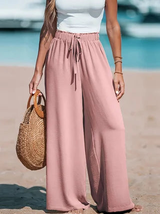 Women's Casual Wide Leg Pants With Pockets Elastic Waist Comfort