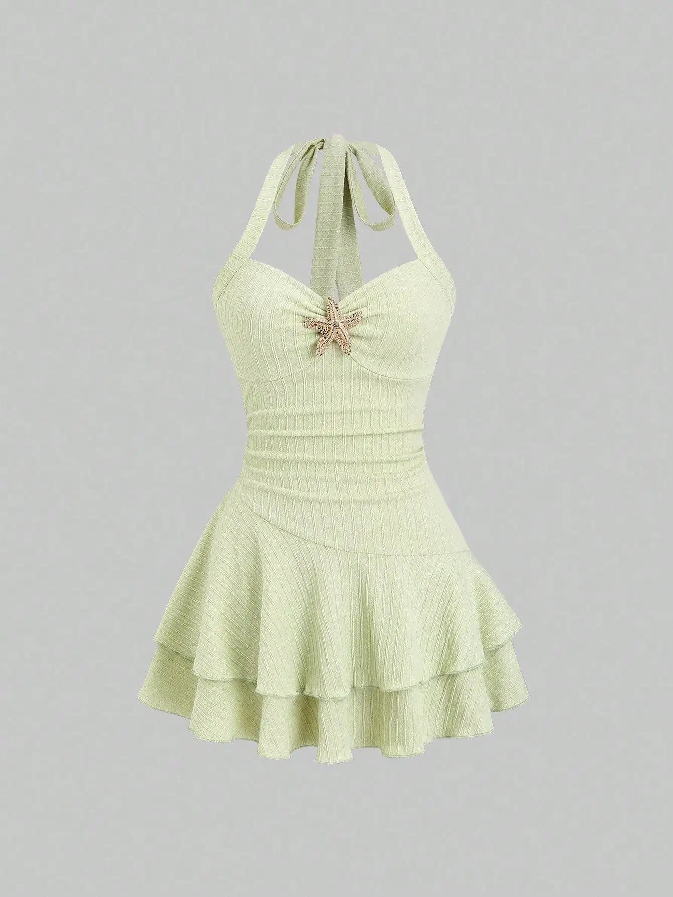 Women's Halter Neck Beach Mini Dress with Starfish Decor, Ruched Bust & Layered Ruffle Hem, Spring Summer