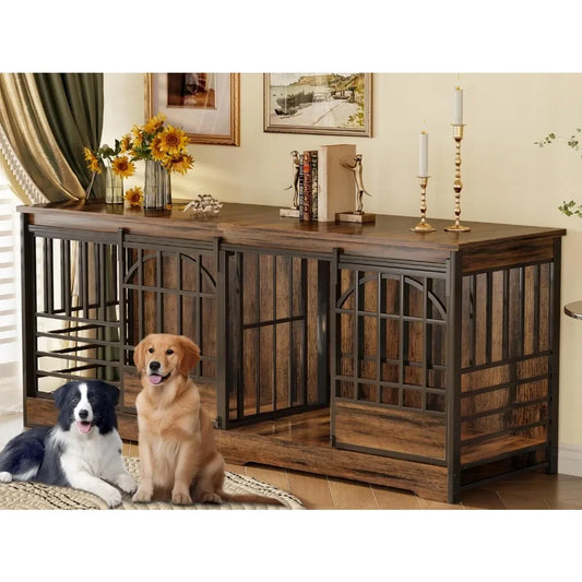 Double Dog Crate Furniture, Extra Large Dog Kennel Indoor with Divider, Heavy Duty Dog Cage for 2 Dogs, Decorative