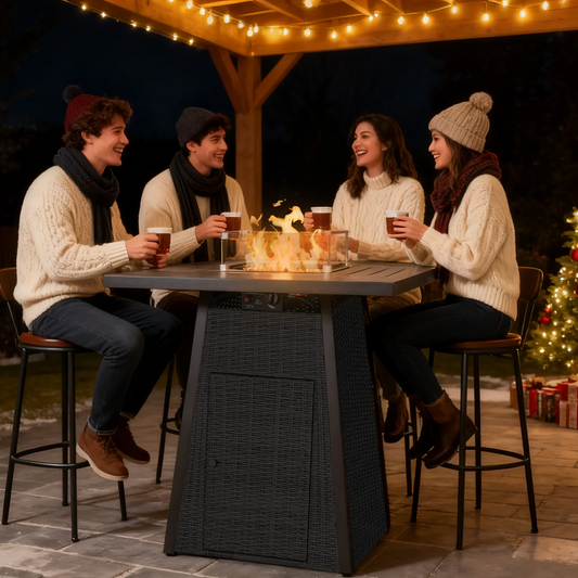 36" Square Fire Pit Table Outdoor Bar High Fire Tables Gas for Outside Patio Wicker Propane with Glass Fire Beads