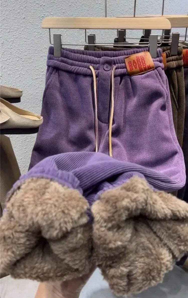 Fleece-Lined European Cotton Velvet Womens Warm Winter Sports Pants