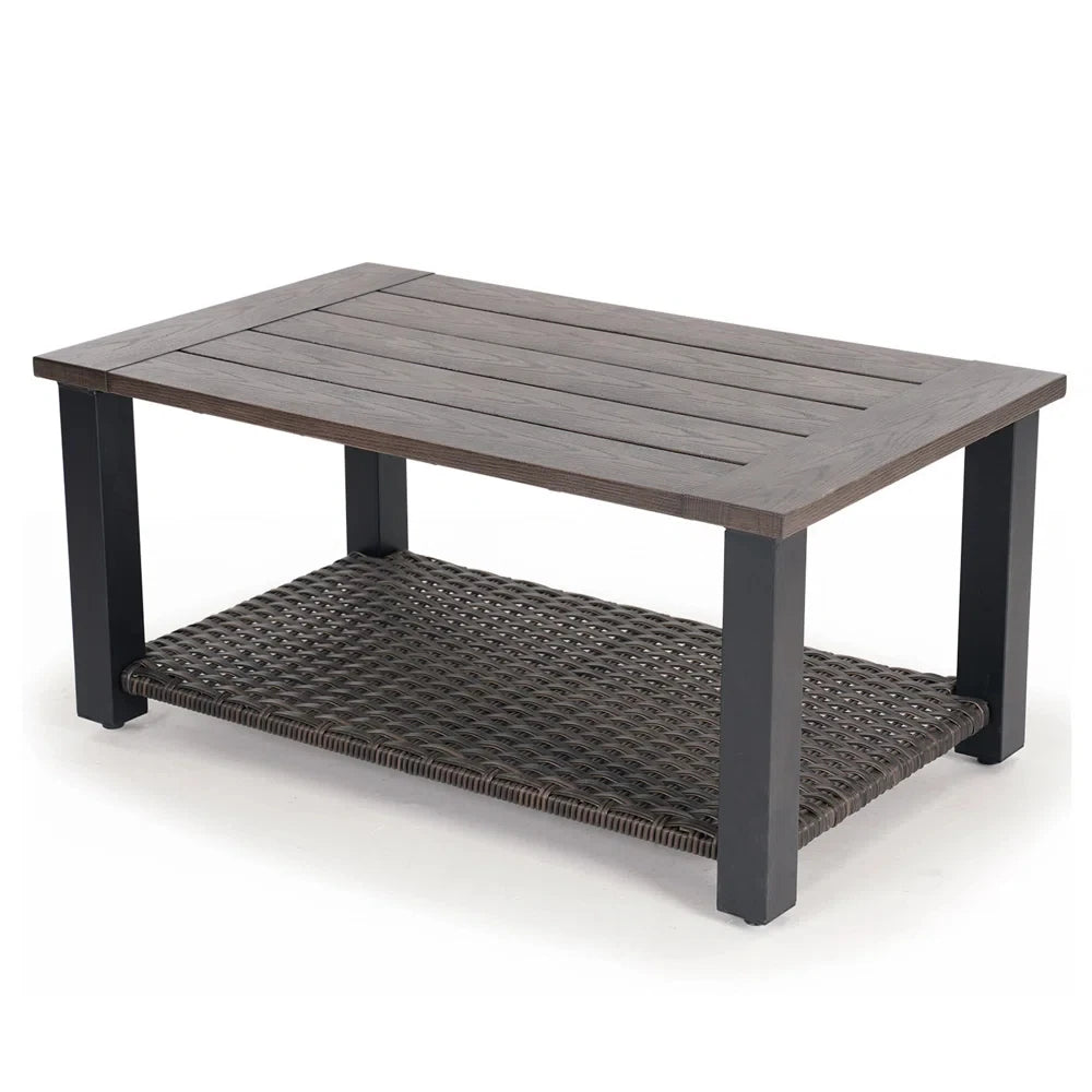 Outdoor Coffee Table with Wicker Shelf Storage, 40-inch Rectangle Modern Patio Coffee Table with Faux Wood Tabletop