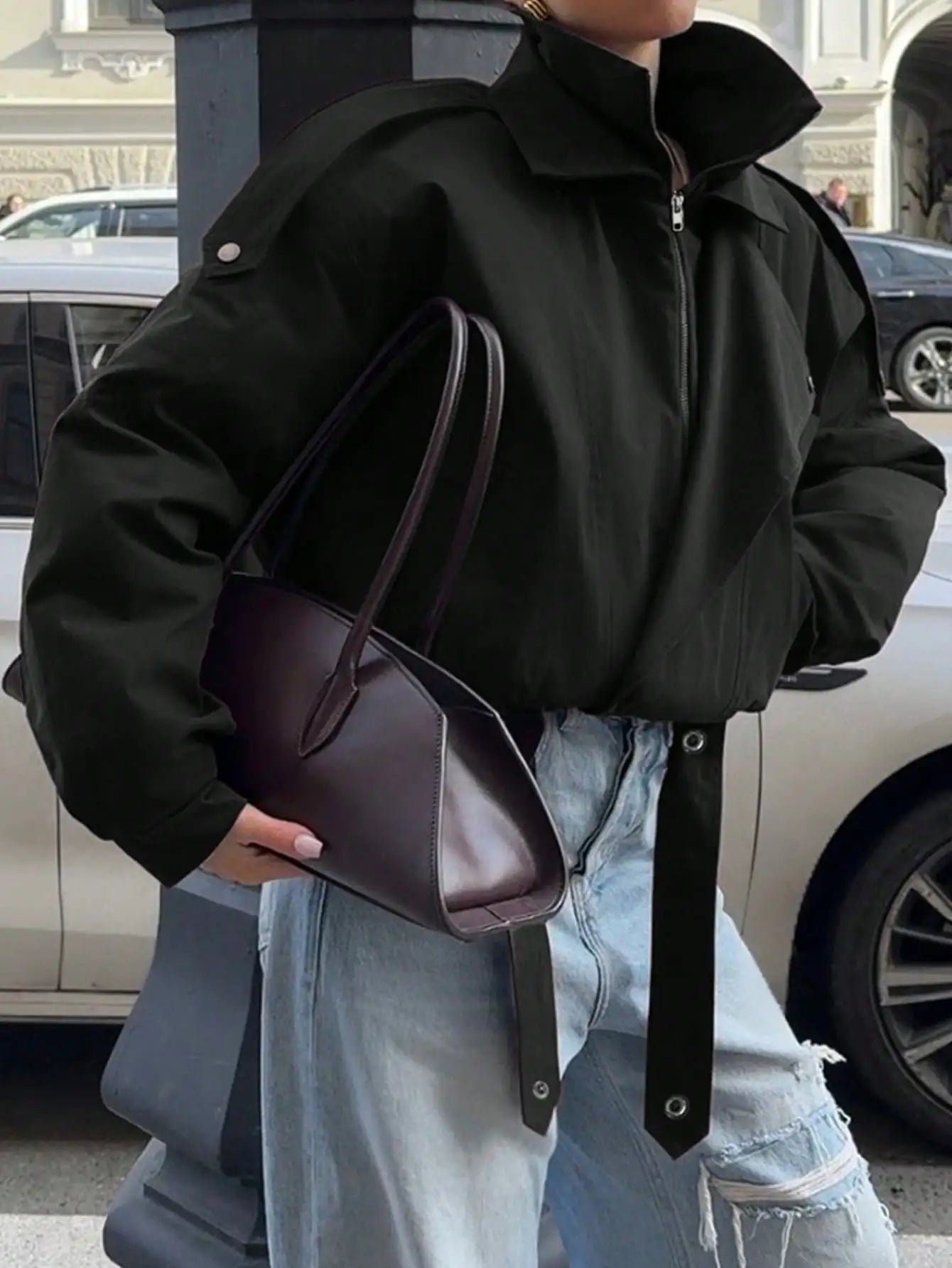 Burgundy Stand Collar Zip-Up Jacket with Waist Tie, Oversized Fit for Fall Winter Streetwear