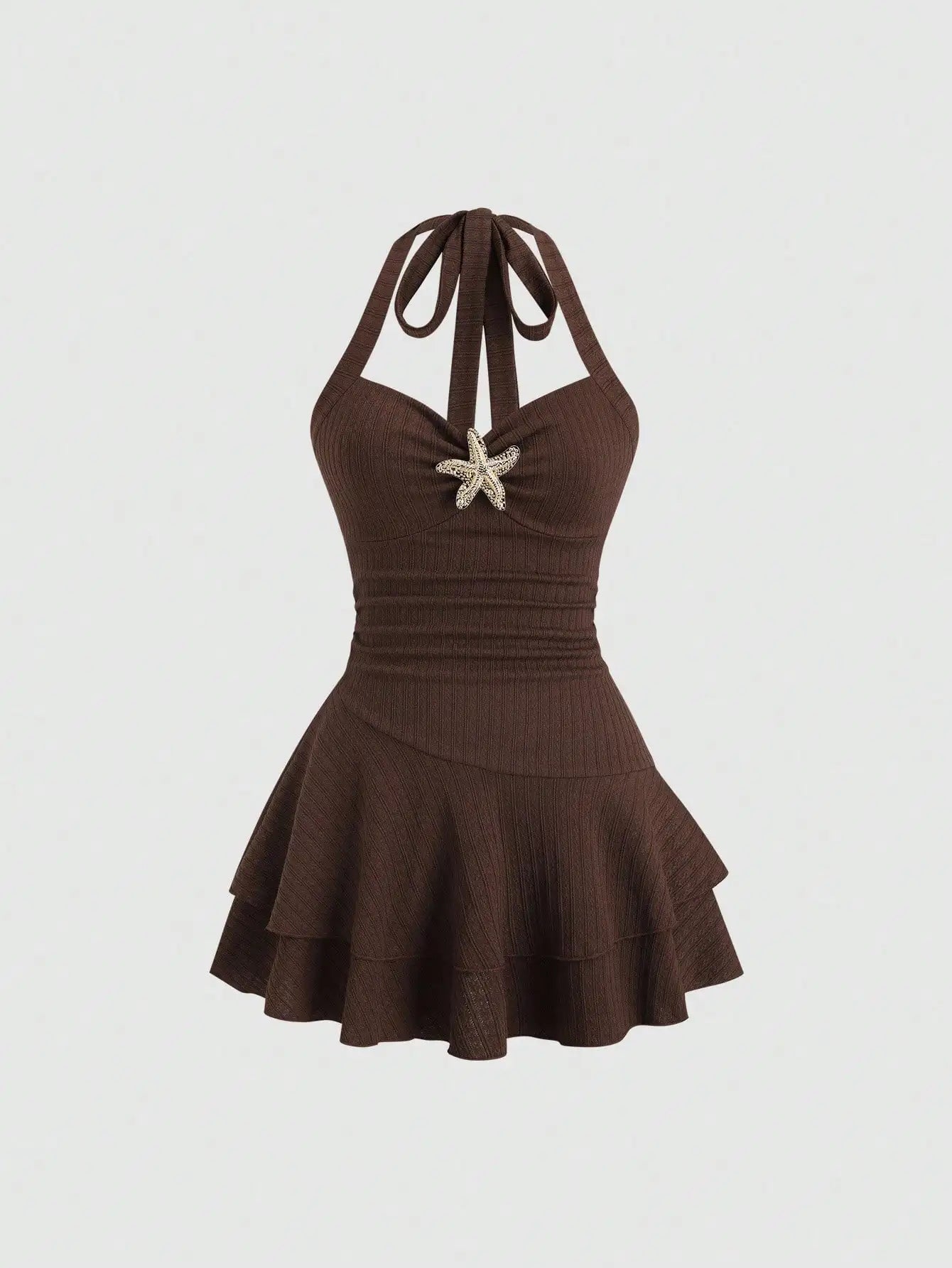 Women's Halter Neck Beach Mini Dress with Starfish Decor, Ruched Bust & Layered Ruffle Hem, Spring Summer