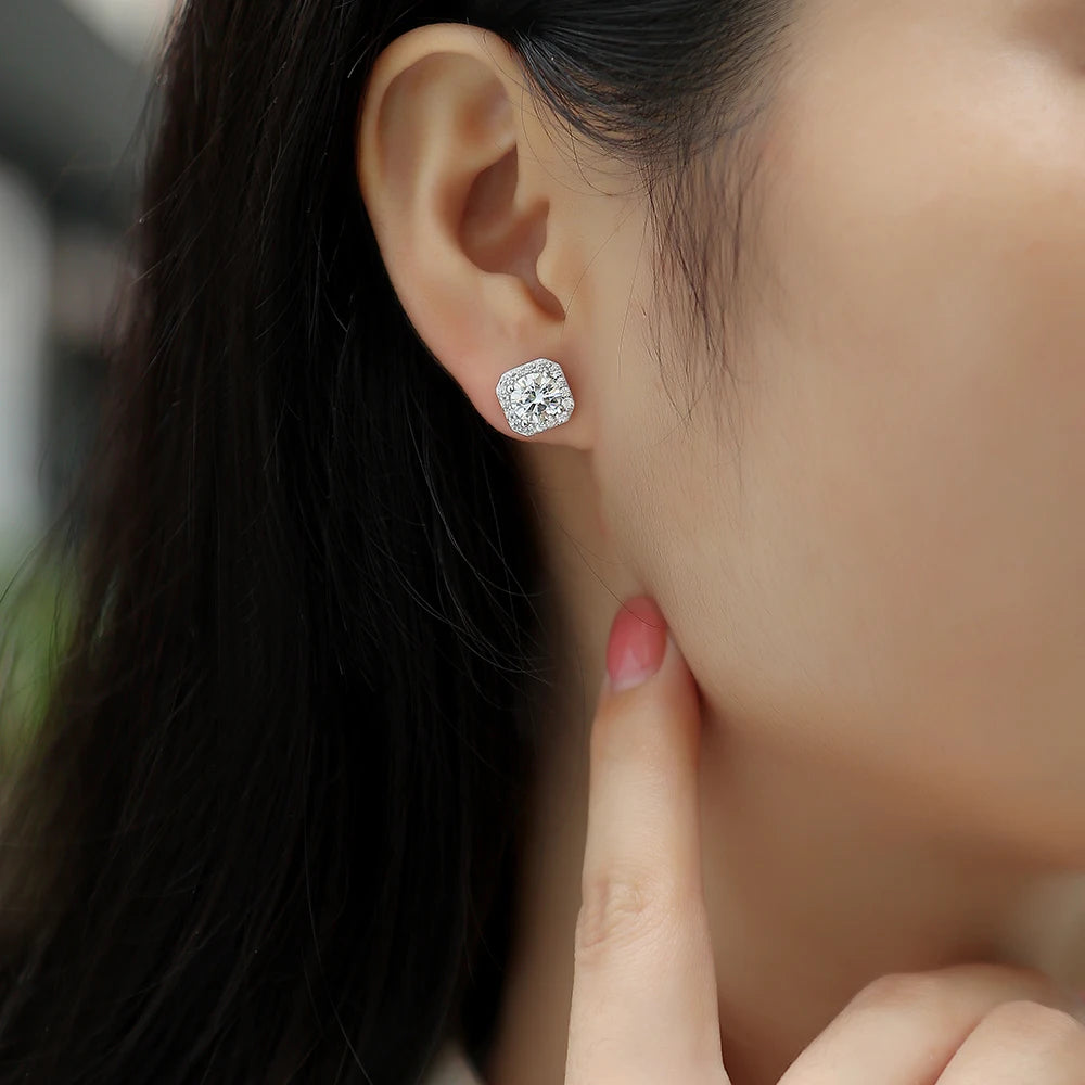 JIUZUAN Moissanite Octagon Halo Stud Earrings 925 Silver 18K Gold Plated