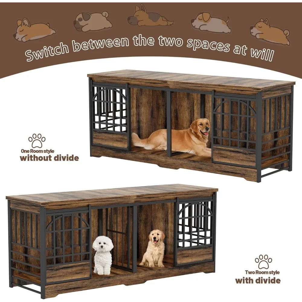Double Dog Crate Furniture, Extra Large Dog Kennel Indoor with Divider, Heavy Duty Dog Cage for 2 Dogs, Decorative