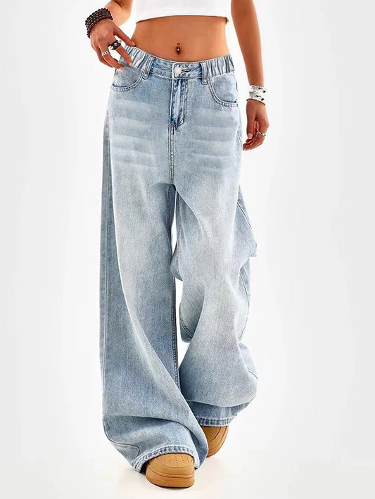 Retro washed blue loose wide-leg straight pants for middle and large children and girls, casual, simple and versatile long jeans