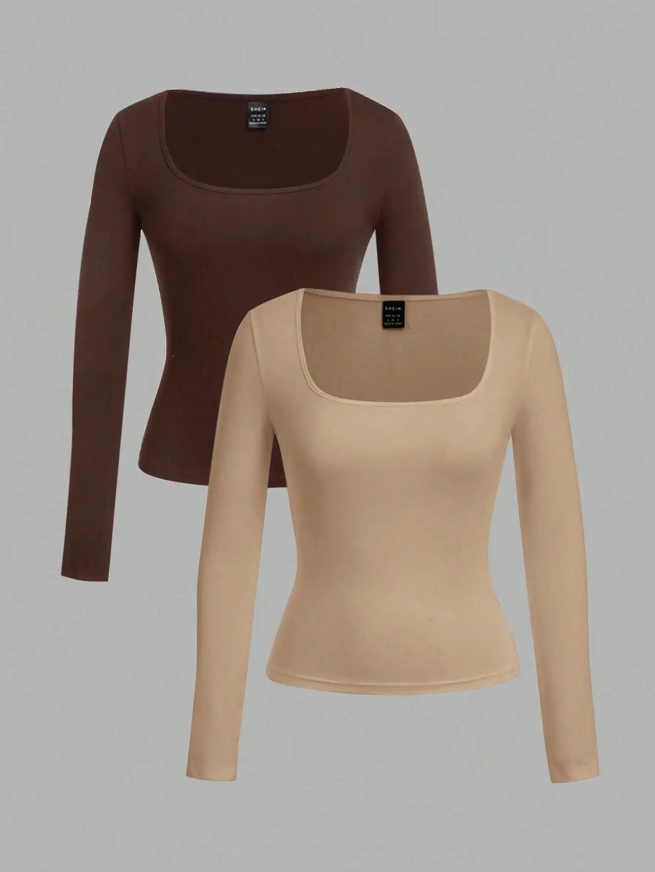 2-Pack Women's Square Neck Long Sleeve Fitted T-Shirts - Black & White, Casual Basic Tops for Autumn Winter