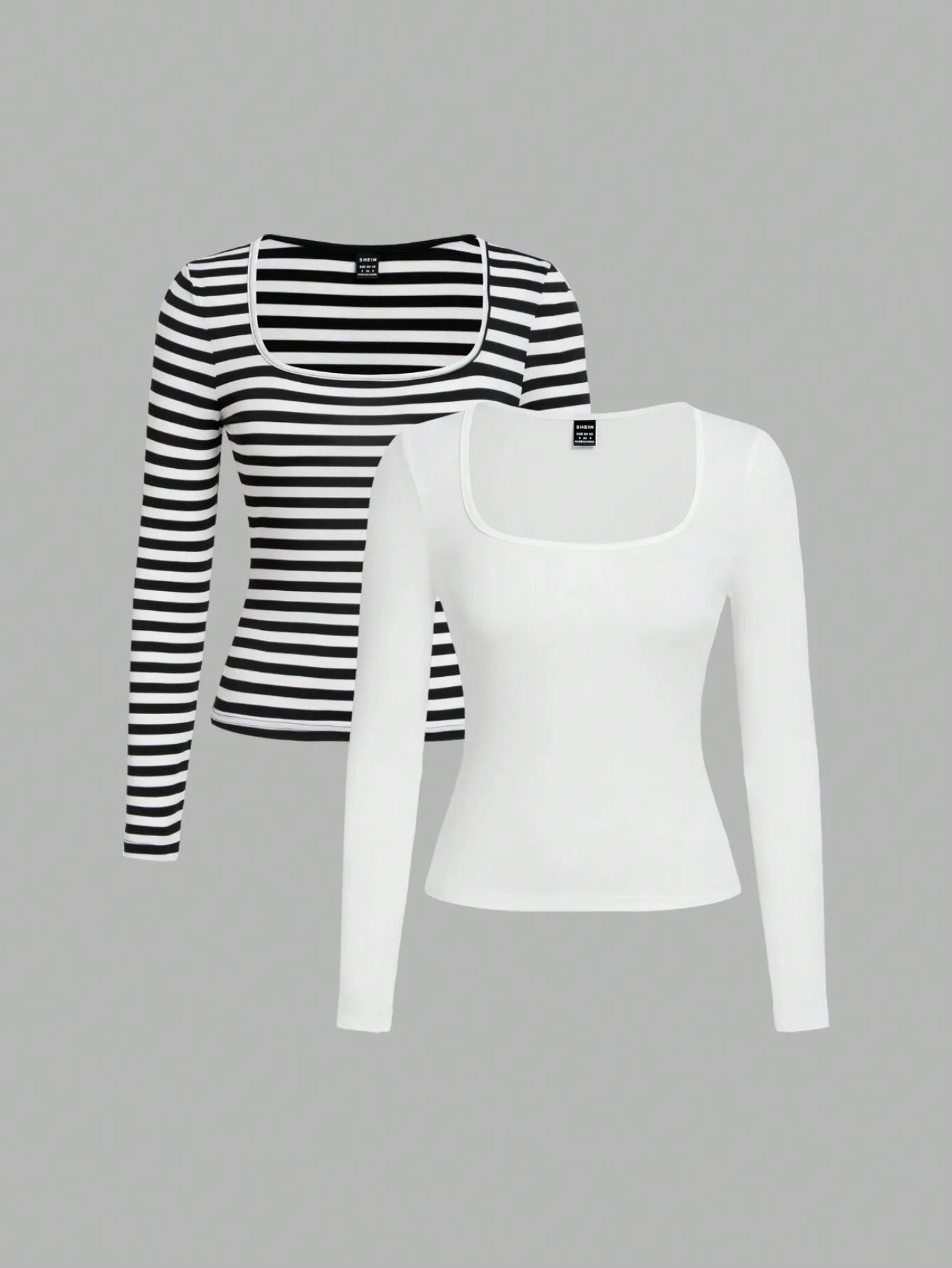 2-Pack Women's Square Neck Long Sleeve Fitted T-Shirts - Black & White, Casual Basic Tops for Autumn Winter
