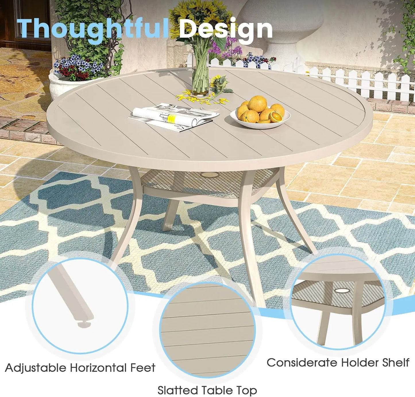 48" Round Patio Dining Table for 6, Outdoor Metal Dining Table with 1.57" Umbrella Hole for Backyard Lawn Garden, Sandshell
