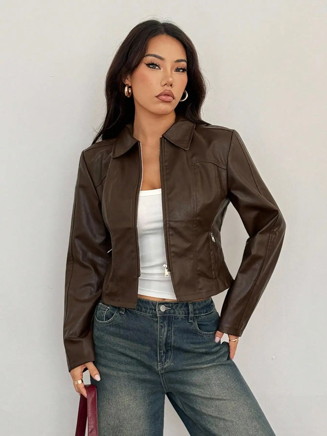 Women's Brown Faux Leather Bomber Jacket with Double Zipper, Short Fit for Fall Winter Casual Streetwear