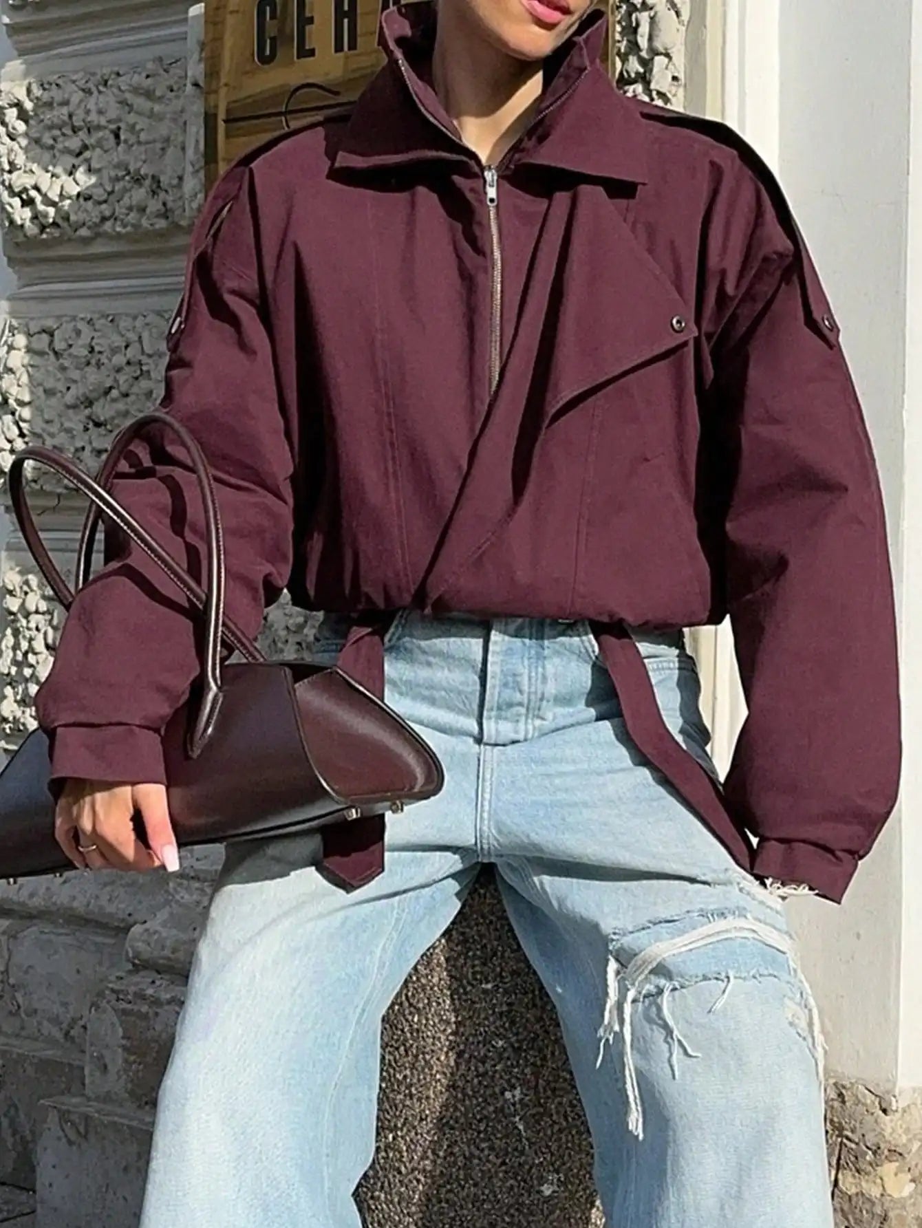 Burgundy Stand Collar Zip-Up Jacket with Waist Tie, Oversized Fit for Fall Winter Streetwear