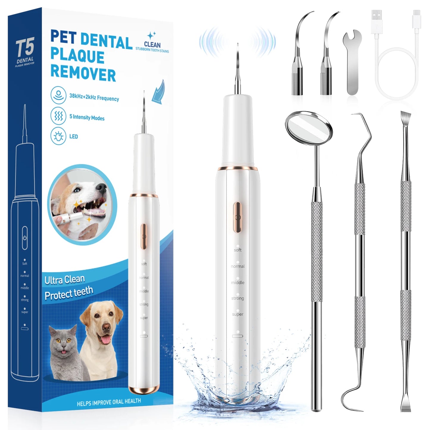 Electric Dog Teeth Cleaner Ultrasonic Dental Scaler Tartar Remover Waterproof IPX6 With 5 Modes Rechargeable Pet Tooth Cleaner
