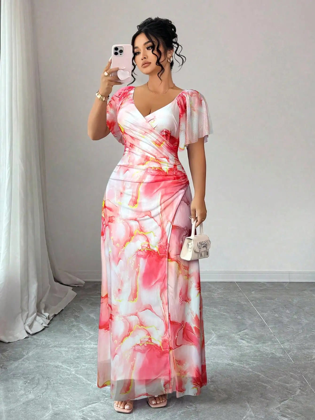 Lavender V-Neck Ruffle Sleeve Pleated Maxi Dress for Bridesmaid Wedding Party Formal Occasion