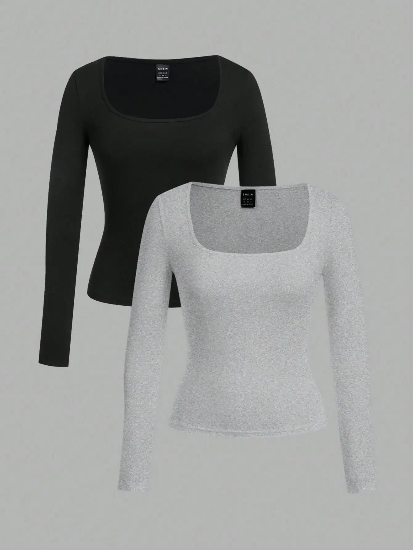 2-Pack Women's Square Neck Long Sleeve Fitted T-Shirts - Black & White, Casual Basic Tops for Autumn Winter