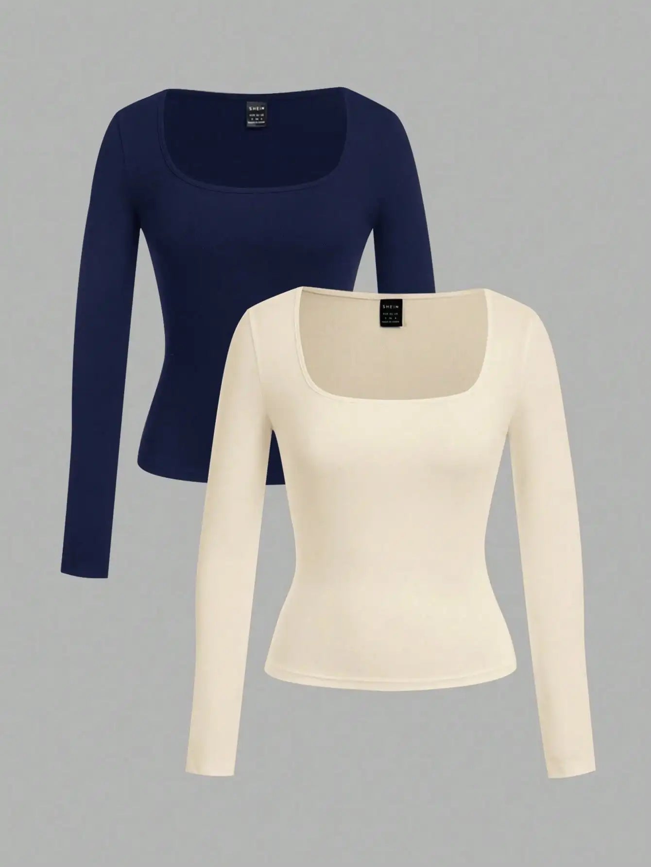 2-Pack Women's Square Neck Long Sleeve Fitted T-Shirts - Black & White, Casual Basic Tops for Autumn Winter