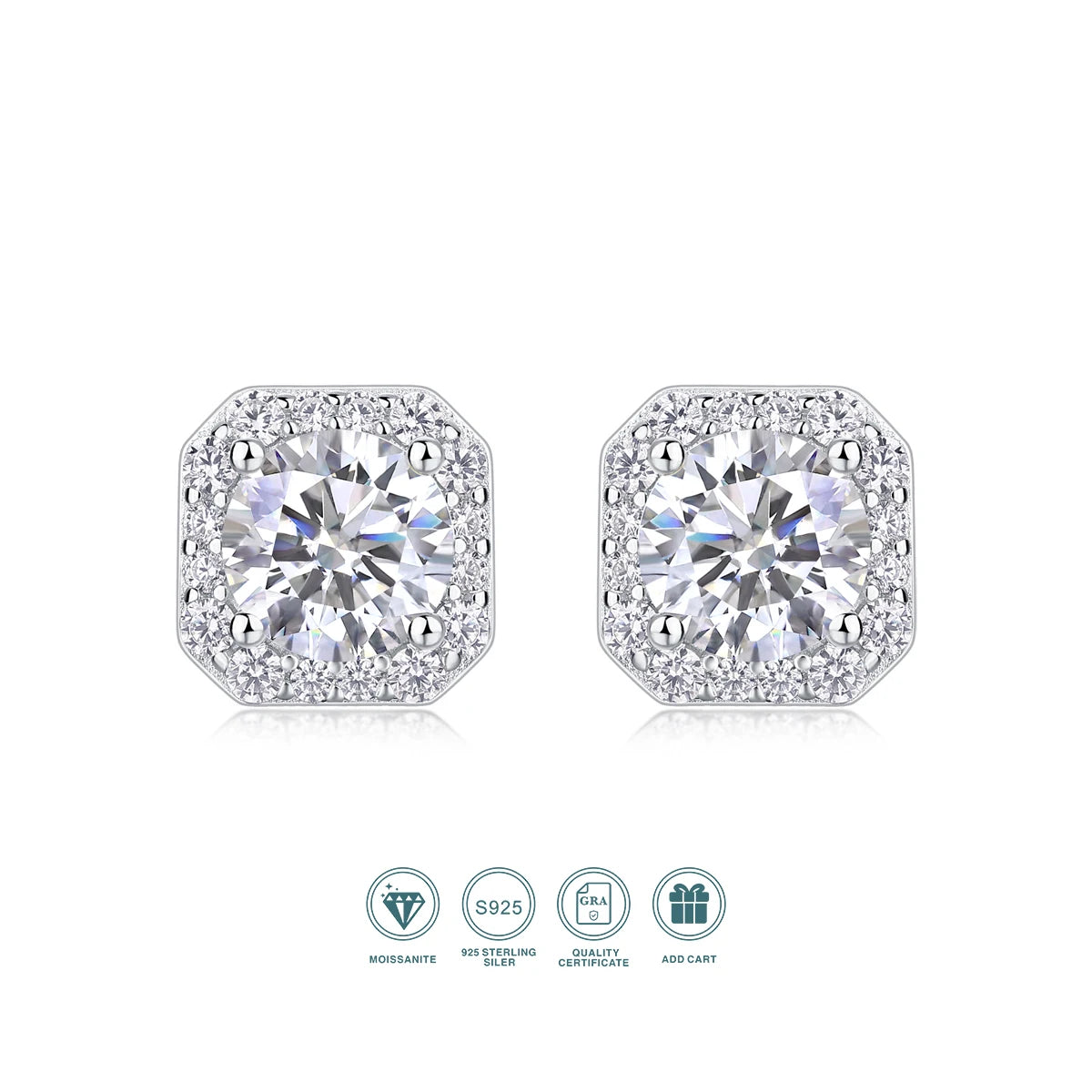 JIUZUAN Moissanite Octagon Halo Stud Earrings 925 Silver 18K Gold Plated