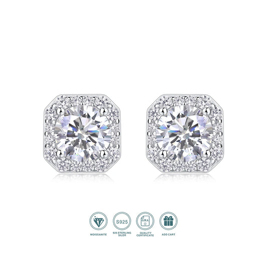 JIUZUAN Moissanite Octagon Halo Stud Earrings 925 Silver 18K Gold Plated
