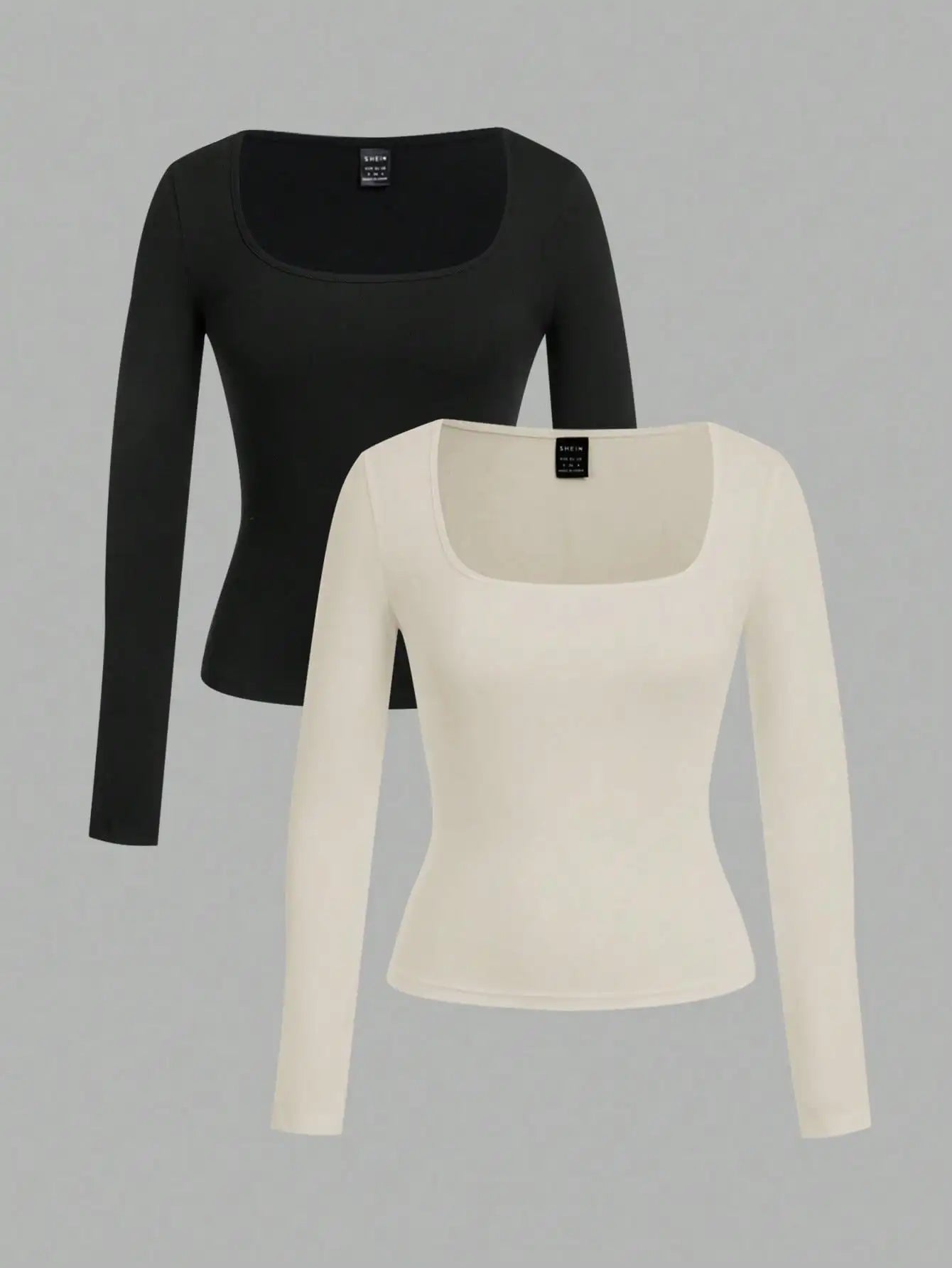 2-Pack Women's Square Neck Long Sleeve Fitted T-Shirts - Black & White, Casual Basic Tops for Autumn Winter