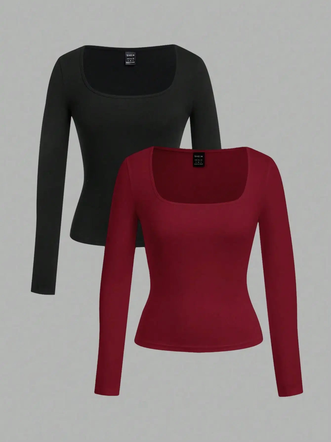 2-Pack Women's Square Neck Long Sleeve Fitted T-Shirts - Black & White, Casual Basic Tops for Autumn Winter