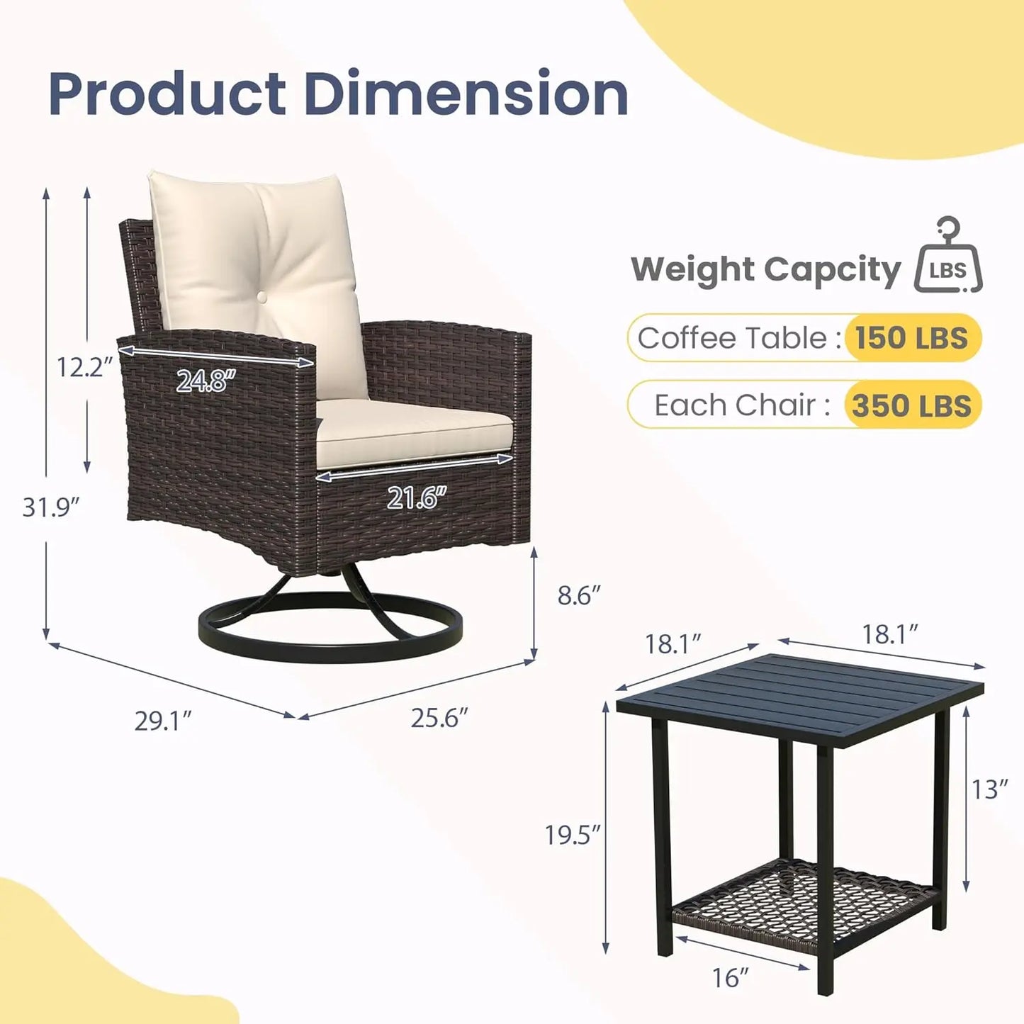 3-Piece Outdoor Patio Set With Swivel Rocker Chairs And Table