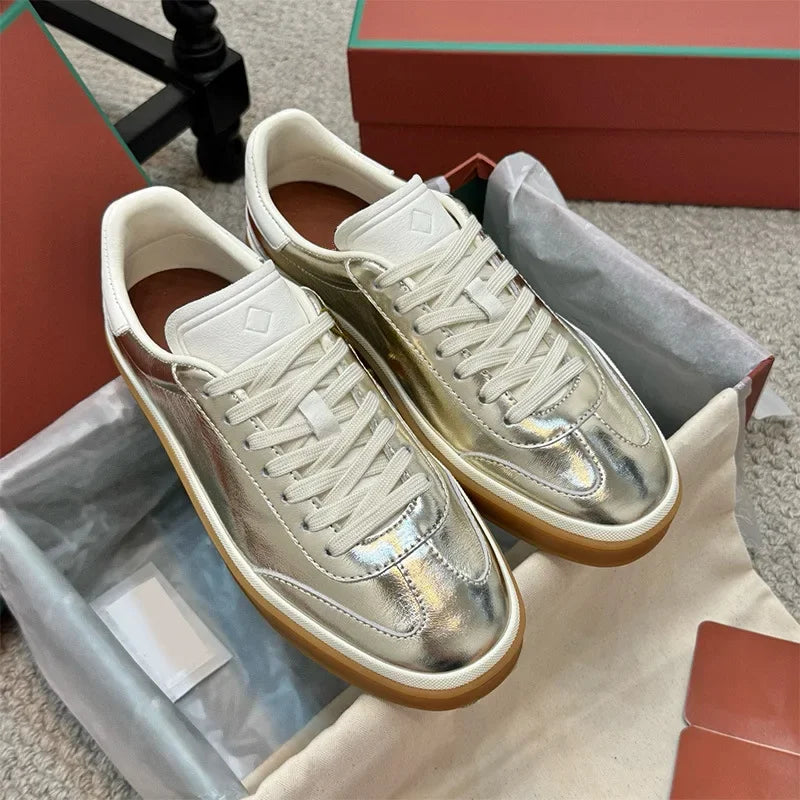 NONE Genuine Leather Lace Up Round Toe Unisex Sneakers