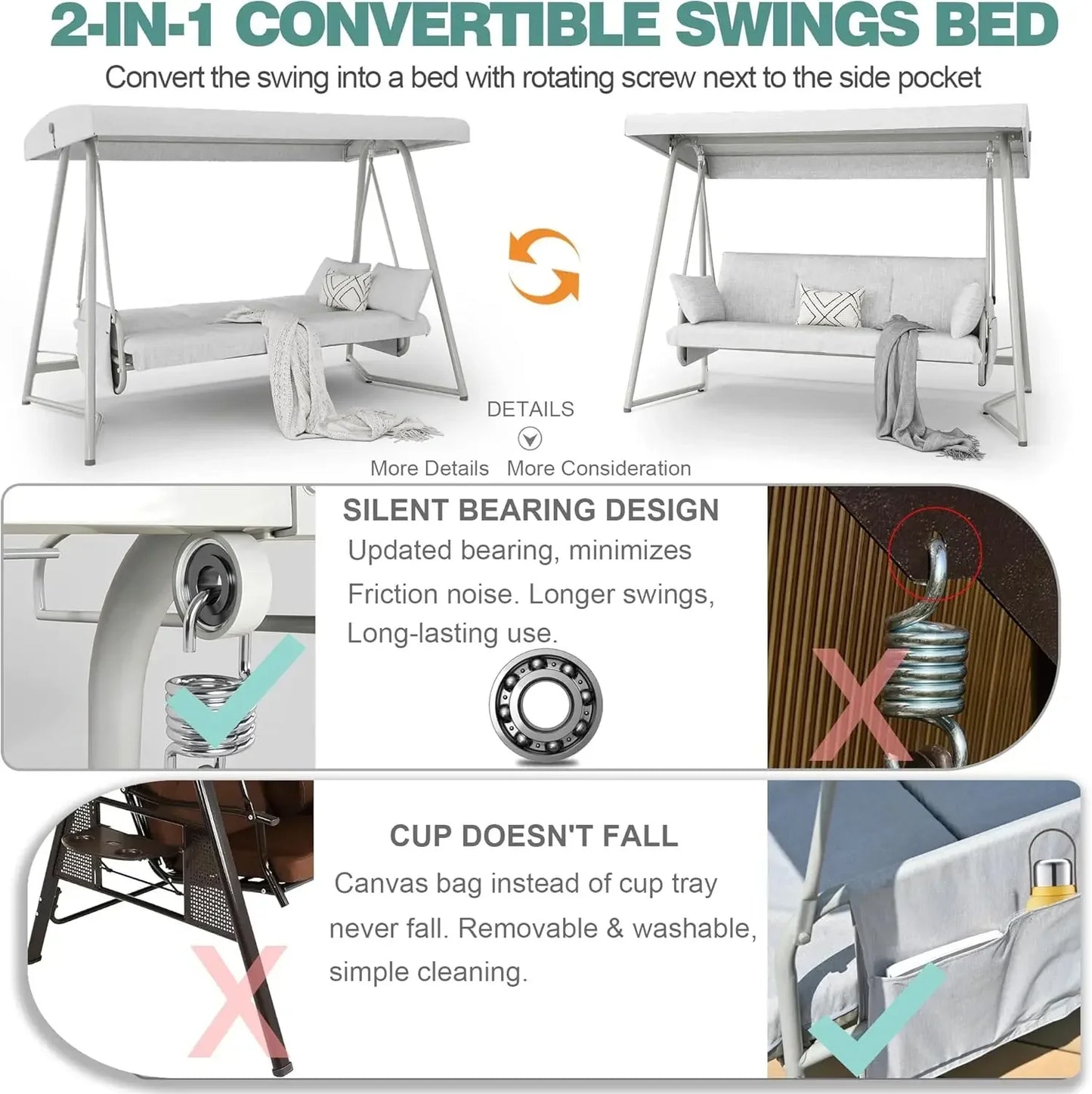 3 to 4 Seat Porch Swing, 2-in-1 Outdoor Swing Bed with Adjustable Backrest Canopy 800 lbs Capacity Patio Swing Chair with Stand